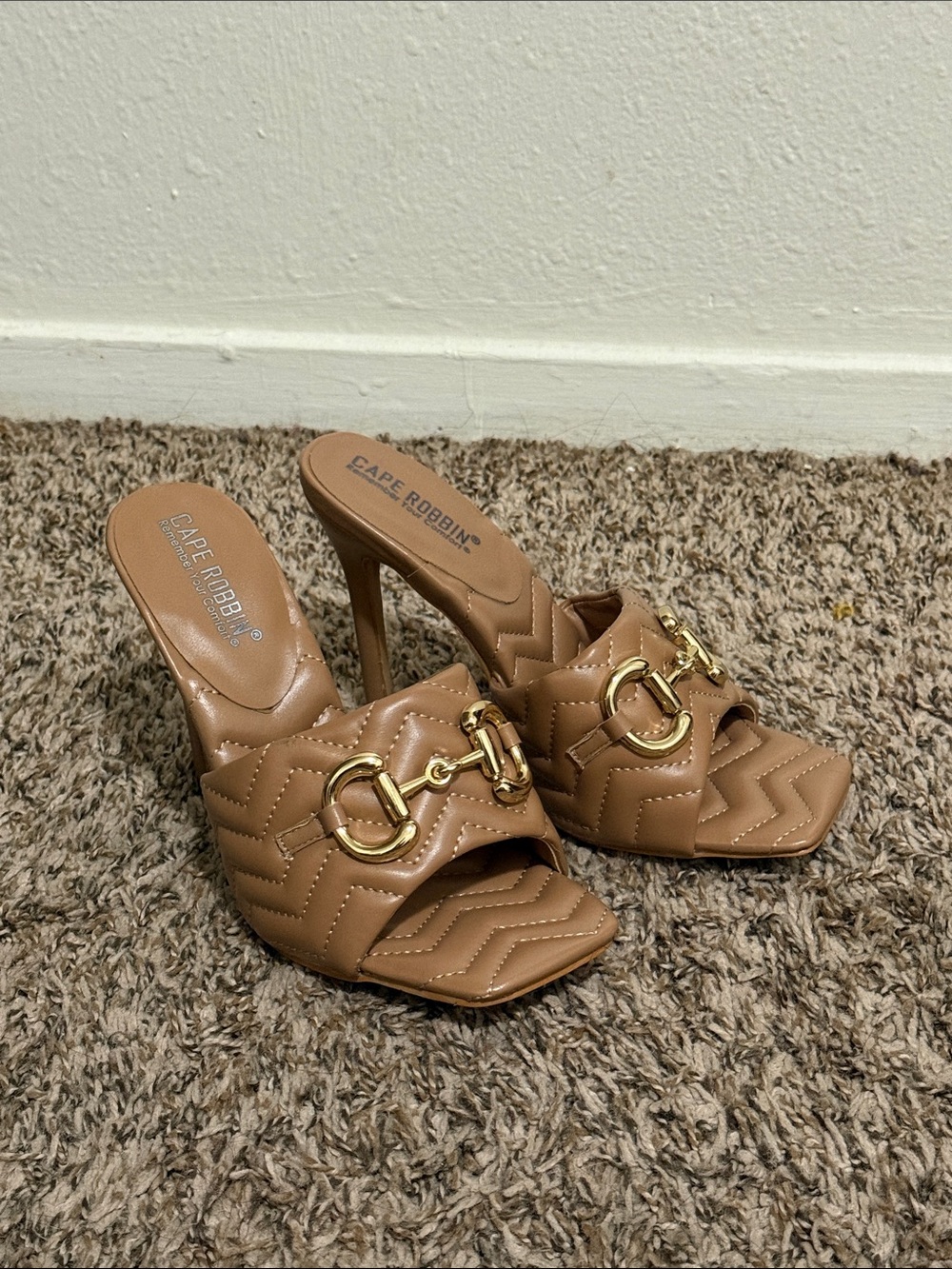 Cape Robbin Tan Quilted Stiletto Slide with Gold Accents